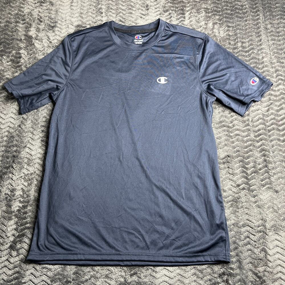 Champion Shirt Mens M Navy Blue Polyester Logo Short Sleeve Athletic